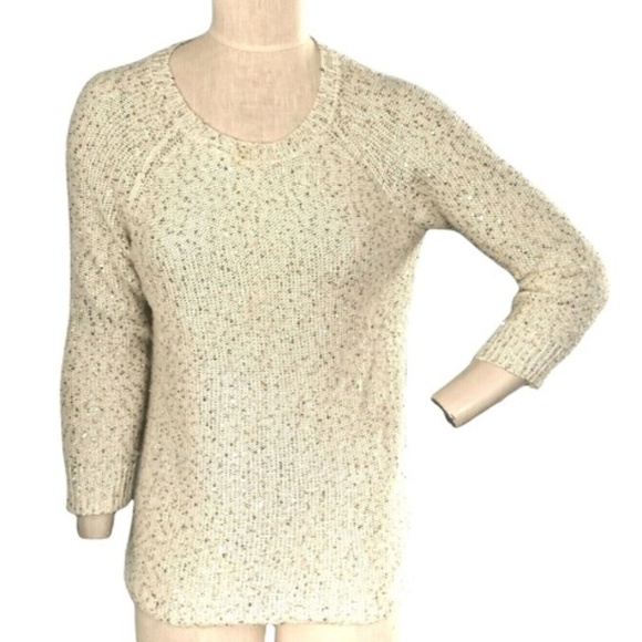 Anne Klein Womens Ivory Pullover Crewneck Cozy Sweater Sz M Gold Sequins #242i - Picture 1 of 5